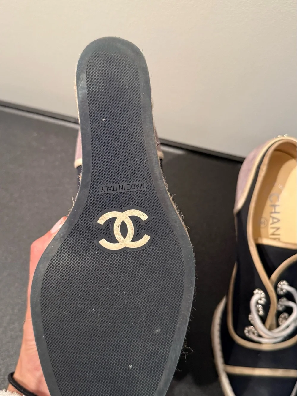 CHANEL Black Espadrille Lace-Up Platform Shoes with Beige Trim